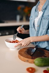 Fresh Healthy Kitchen: Woman Cooks a Vegetarian Salad with Organic Ingredients