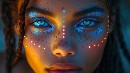 Beautiful girl with bright black and white eyes, tribal drawings on her face, dark skin, brightly colored braided hair. Ai generative