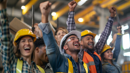 Obraz premium A photo of a group of workers celebrating the successful completion of a project, with a sense of accomplishment and camaraderie.