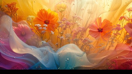 Super wide angle, minimalism and surreal illustration, aerial view, top view, In the open garden, Babyâ€™s breath, Black-eyed Susan, Hyacinth, Balloon flower, light tracing, glare lighting, curve link