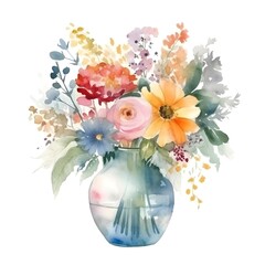Bouquet of flowers in a vase on a white background watercolor
