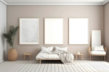 minimalism style horizontal three clean white frames for painting, boho style room