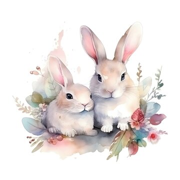 spring Bunnies, detailed, delicate, cute, watercolor, oil paints, gouache, minimalism, 8k, on white background