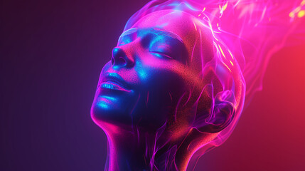 Futuristic AI female robot in neon colors. 3D rendered human head on a gradient background. Virtual reality, face identification, advanced technology. Glowing light head model.