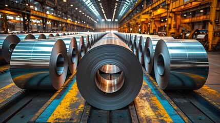 Rolls of galvanized steel sheet inside the factory or warehouse. Ai generative