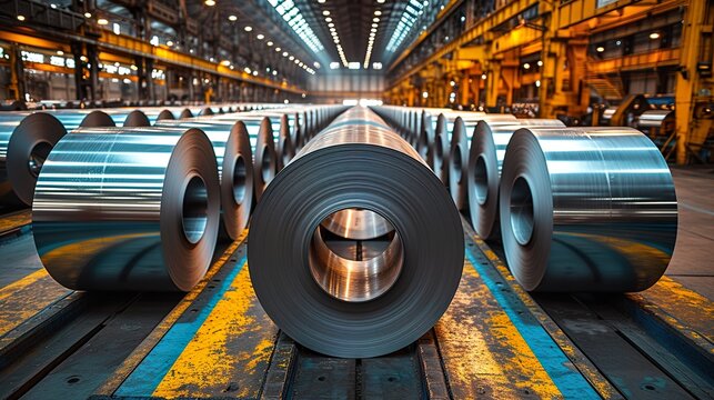 Rolls of galvanized steel sheet inside the factory or warehouse. Ai generative