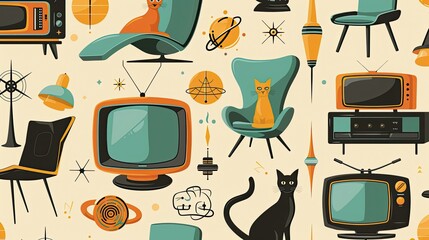 The generated image showcases a collection of stylized illustrations that are infused with a 1950s retro design aesthetic. The scene includes iconic mid-century modern furniture, such as chairs with o - obrazy, fototapety, plakaty