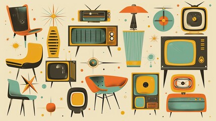 The generated image showcases a collection of stylized illustrations that are infused with a 1950s retro design aesthetic. The scene includes iconic mid-century modern furniture, such as chairs with o