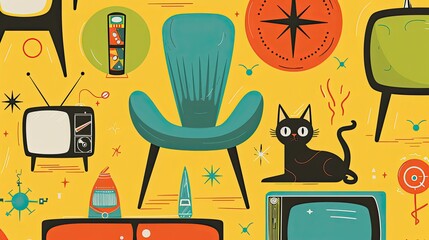 The generated image showcases a collection of stylized illustrations that are infused with a 1950s retro design aesthetic. The scene includes iconic mid-century modern furniture, such as chairs with o