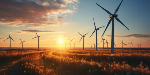 Large Field of Windmills With the Sun Setting in the Background Generative AI - obrazy, fototapety, plakaty