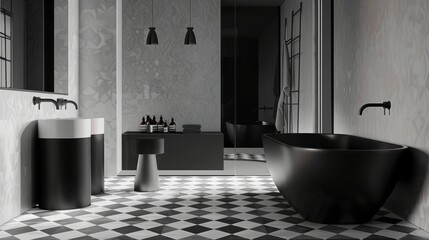 Sleek and Stylish Bathroom with Minimalist Design and Geometric Floor Pattern