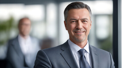 Fototapeta premium Professional businessman: A confident individual in a suit poses in an office setting. Another person is blurred in the background, implying business dynamics