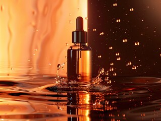 the ultimate essense vitamin e serum, in the style of sculptural alchemy, dark amber and beige, moody lighting, aurorapunk, water drops, glowing neon, the snapshot aesthetic 