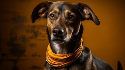 Cute mix breed dog wearing bandana, yellow background. front view portrait