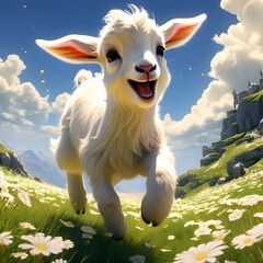 Goat on the meadow. A playful goat kid leaping and bounding through a sun-kissed meadow, its floppy ears bouncing with each joyful skip. Generative AI.