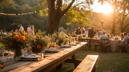 Guests mingle at an outdoor wedding reception, with rustic tables set in warm sunset light, adorned with fresh flowers and festive string lights. - obrazy, fototapety, plakaty