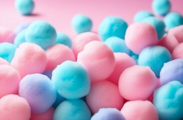 colorful soft, fluffy cotton candy balls in pastel colors on pink background, cotton pom poms....
