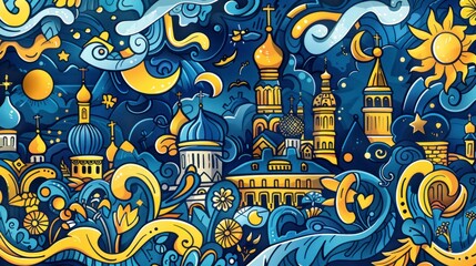 beautiful cartoon of a big city with blue and yellow colors