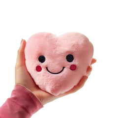 Heart-shaped plush happy smiley cartoon heart fluffy soft pillow held in the palm of a woman’s hand, Isolated on Transparent Background, PNG