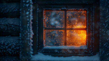 Amidst the frigid atmosphere of a snowy evening, the radiant glow emanating from the cabin window offers a stark juxtaposition, beckoning with the promise of a cozy haven nestled within.