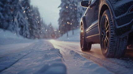 A vehicle's journey through a snowy forest, its headlights illuminating the falling snowflakes and the untouched snow on the road ahead.