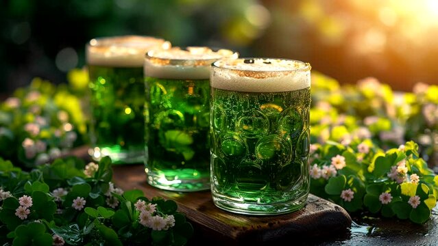 Green beer for St. Patrick's Day. Animated lights and background. Loop 18 seconds video. Ai generative