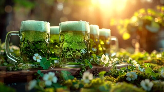 Green beer for St. Patrick's Day. Animated lights and background. Loop 18 seconds video. Ai generative