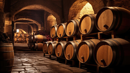 Several barrels of wine in a wine cellar in a traditional underground winery comeliness