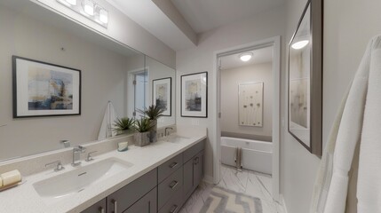 Minimalist Bathroom with Frameless Mirror AI Generated.