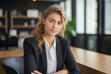 Confident young businessman girl sitting in modern office smiling and looking at camera - generative ai