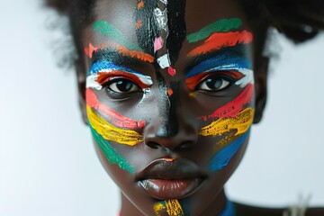 Closeup of young African female model with detailed painted face and makeup looking at camera against light background