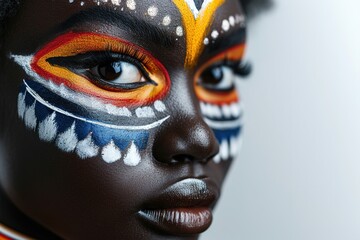 Young beautiful African woman with painted art make-up on a silver background