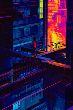 Futuristic city in neon blacklight colours