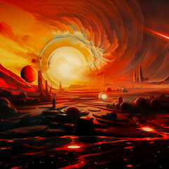 Solar explosion with hyper stylized 3D landscape  