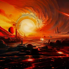 Rolgordijnen Solar explosion with hyper stylized 3D landscape   © James Hong
