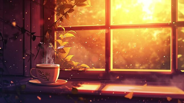 Cozy autumn morning: Enjoying a cup of coffee by the window as the sun rises Seamless looping 4k time-lapse virtual video animation background. Generated AI