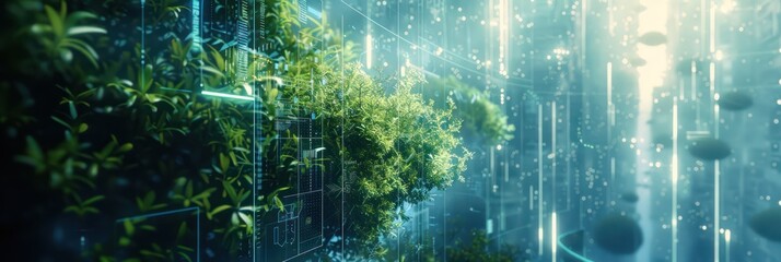 Futuristic digital binary code intertwined with natural green plants concept. Background for technological processes, science, presentations, education, etc