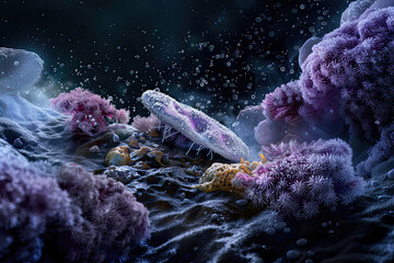 Imaginary electron microscope in faux color of silver Paramecium