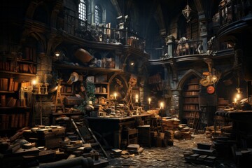 A dark room in the city building, filled with books and candles