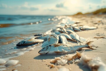 dead fish thrown ashore on a summer day, washed by the waves of the sea. environmental disaster concept. copy space