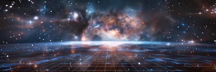 Digital grid and starry cosmic sky illustration. Background for technological processes, science, presentations, education, etc