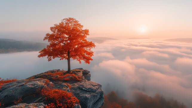  a tree sitting on top of a mountain above the cloudbank, in the style of a warm color palette, ethereal atmospheres