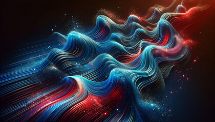 Abstract Digital Landscape of Glowing Blue and Red Waves with Particle Effects