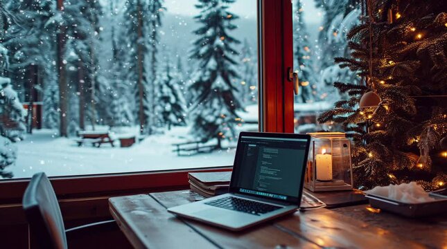 Laptop by window in serene winter scene with snow-covered landscape outside Seamless looping 4k time-lapse virtual video animation background. Generated AI