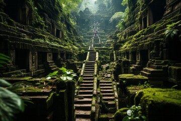 There are steps leading up to a building in the heart of a lush forest
