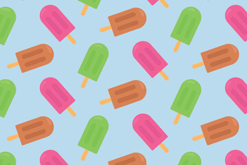  Seamless popsicle pattern on a blue background. Vector illustration.