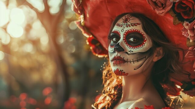 Beautiful Mexican woman with painted face of the Day of the Dead in a park in high resolution and high quality. celebration concept