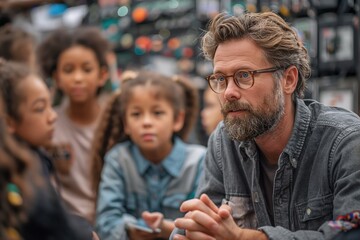 A bearded male teacher engages with a group of children, asking them questions and leading a lively classroom discussion. - obrazy, fototapety, plakaty