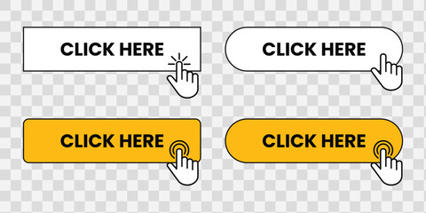 Web Click Here Button set with pointer clicking Vector illustration.