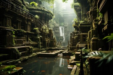 Waterfall amid ancient ruins, surrounded by lush plant life